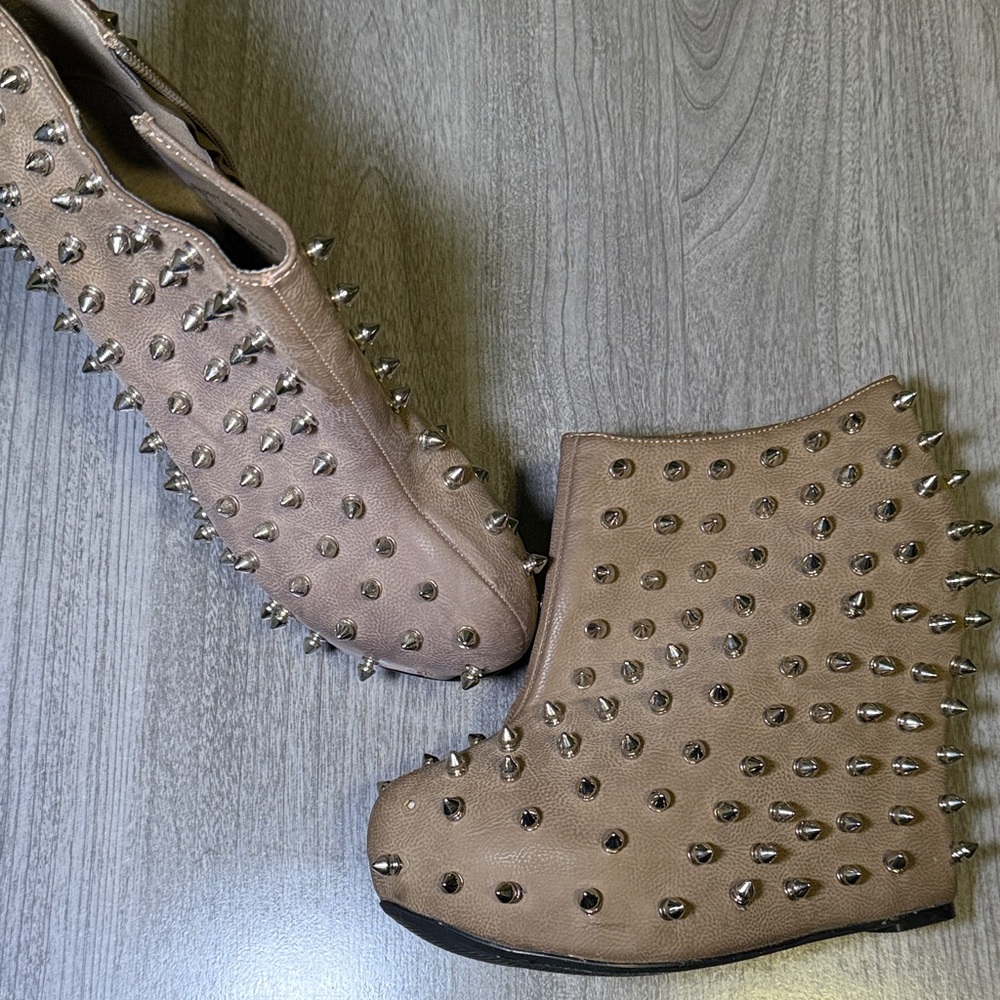 Privileged Studded Tan Wedge Ankle Boots